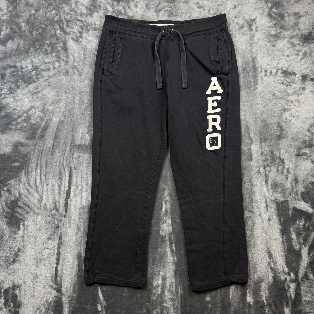 Aeropostale Sweatpants Womens Large Black Logo Drawstring Joggers Fleece